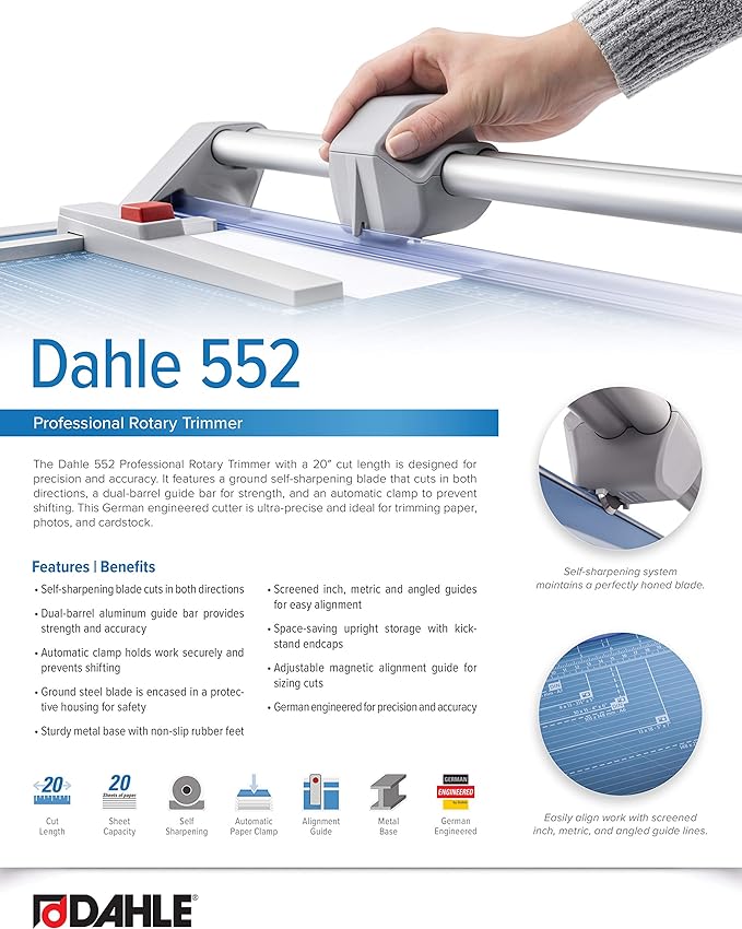 Dahle 552 Professional Rotary Trimmer, 20" Cut Length, 20 Sheet Capacity, Self-Sharpening, Dual Guide Bar, Automatic Clamp, German Engineered Paper Cutter
