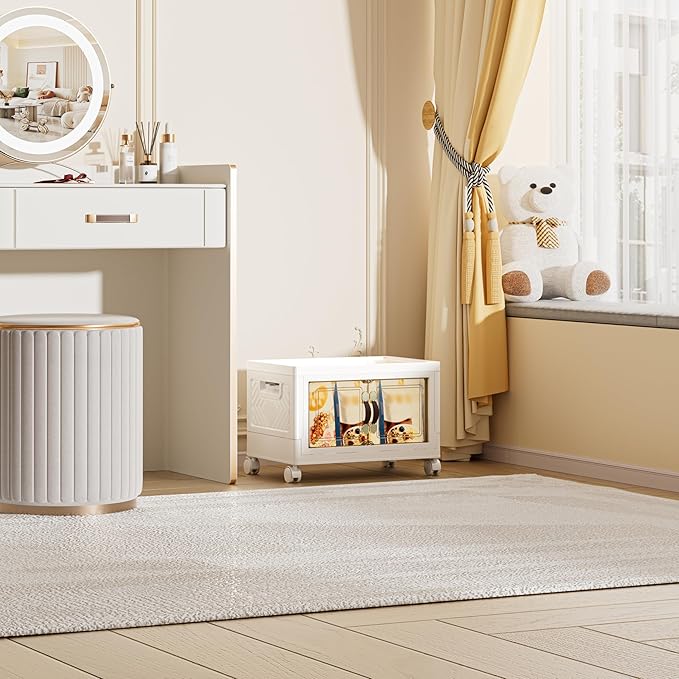 28 QT / 7 Gal Multi-Purpose Stackable Storage Cabinet: Double Magnetic Doors, Foldable, Wheels Included, Leather Handles - Ideal for Pantry, Laundry Room, Dorm