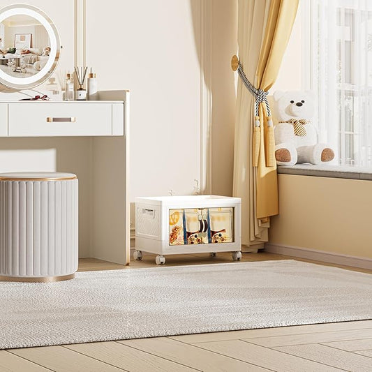 28 QT / 7 Gal Multi-Purpose Stackable Storage Cabinet: Double Magnetic Doors, Foldable, Wheels Included, Leather Handles - Ideal for Pantry, Laundry Room, Dorm