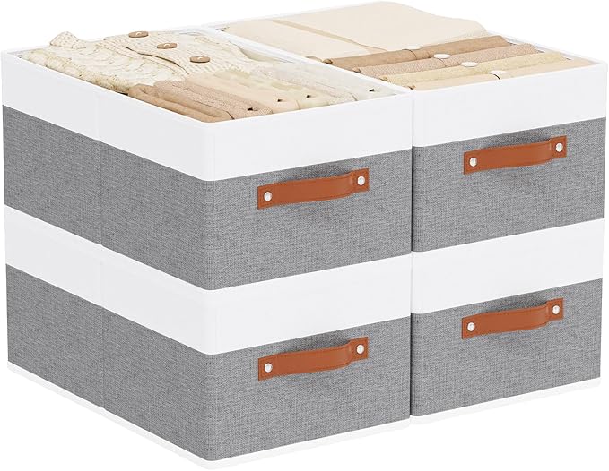 Storage Basket for Shelves, Closet Bin with Handles, 18.5×11×7.9inch Open Foldable Baskets, Fabric Containers Clothes Boxes for Organizing, White and Grey, 4-Pack