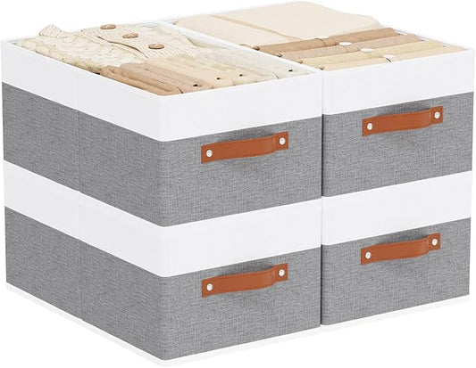 Storage Basket for Shelves, Closet Bin with Handles, 18.5×11×7.9inch Open Foldable Baskets, Fabric Containers Clothes Boxes for Organizing, White and Grey, 4-Pack