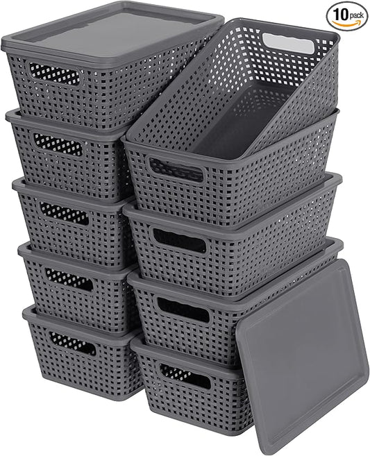 Plastic Storage Baskets With Lid, Storage Bins for Organizing, Stackable Decorative Containers for Shelves Drawers Desktop Closet Playroom Classroom Office,10 Pack-Grey