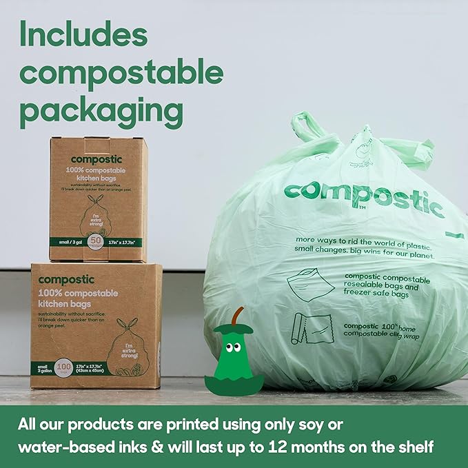Home Compostable Trash Bags, 3 Gallon Small Kitchen Rubbish Bags (17” x 17.7”), Extra Strong & Quickly Breaks Down, 50 Count