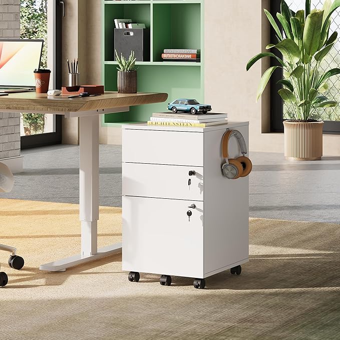 DEVAISE 3 Drawer Rolling File Cabinet with Lock, Wood Under Desk Filing Cabinet fits Letter/Legal/A4 Size for Home Office, White