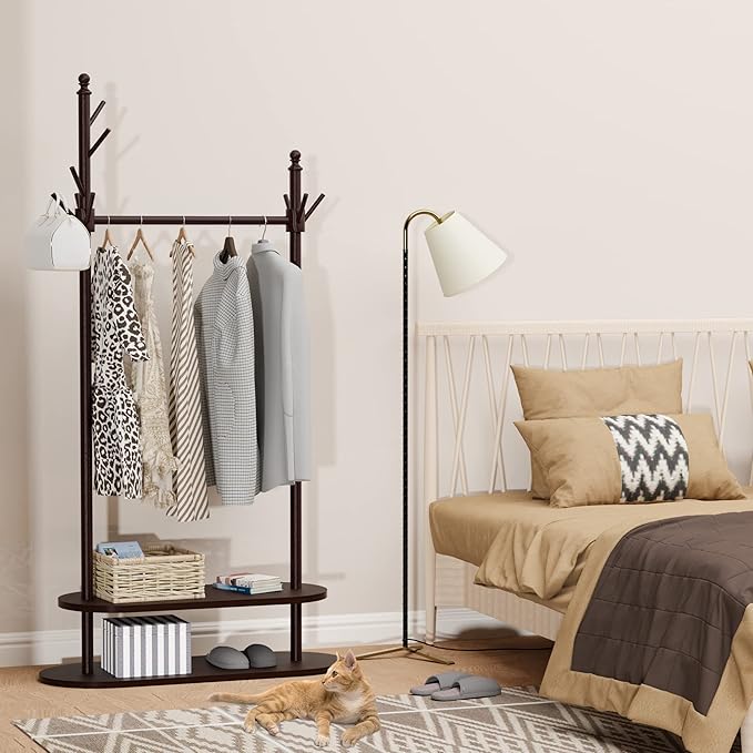 2-Tier Coat Rack Freestanding, Easy Assemble 8 Hooks Wooden Coat Rack with Shoe Storage Sturdy Coat Tree Save Space, Rustic Coat Stand for Entryway, Bedroom, Office (Dark Brown)