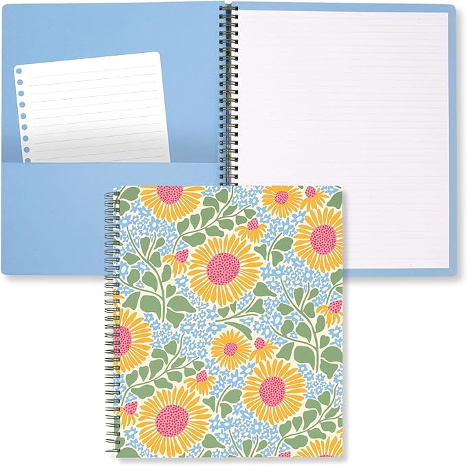 Steel Mill & Co Cute Large Spiral Notebook College Ruled, 11" x 9.5" with Durable Hardcover and 160 Lined Pages (Sunflower)