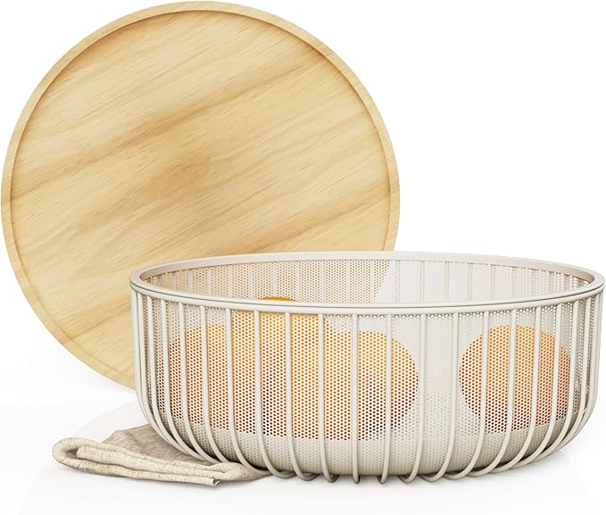 Metal Wire Mesh Fruit Baskets with Wooden Lid - Fly-Proof Indoor Solution for Fresh Fruits - Covered Fruit Bowl - Produce Cover Against Flies for Vegetables - Warm Gray