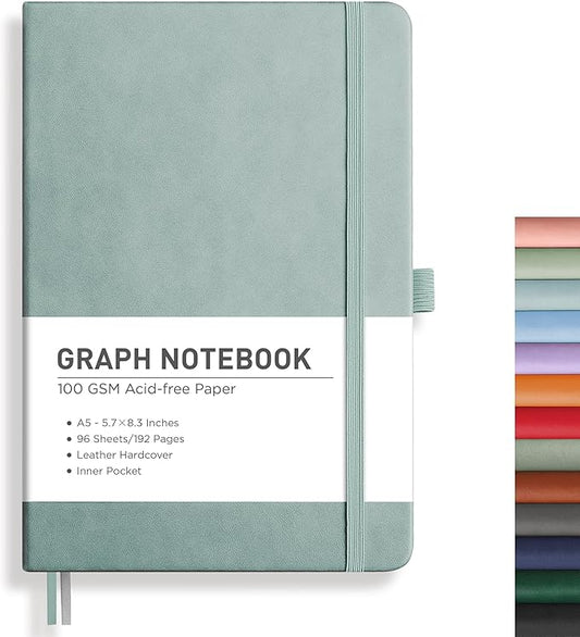 RETTACY Graph Grid Paper Notebook, 192 Pages, A5 Medium Size (5.7'' x 8.3''), 5 Squares per Inch, Leather Hardcover, 100 GSM Thick Paper, for School, Students, Math, Engineering (Blue-gray)