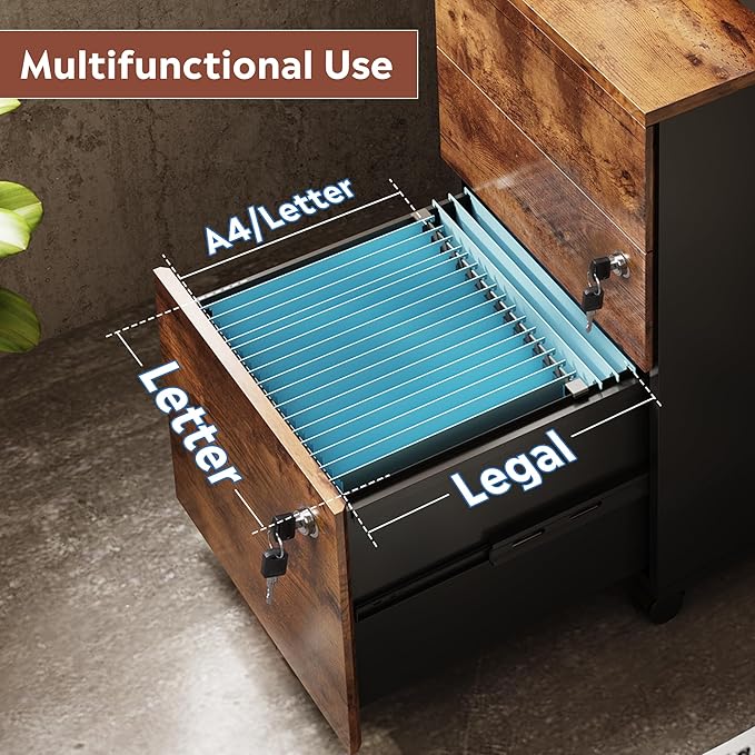 DEVAISE 3 Drawer Rolling File Cabinet with Lock, Wood Under Desk Filing Cabinet fits Letter/Legal/A4 Size for Home Office, Rustic Brown