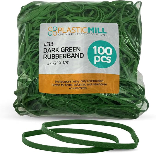 PlasticMill Dark Green Rubber Bands Size 33 (3 1/2" x 1/8") - #33 Colored Rubber Bands Office Supplies - Strong, Elastic Bands for Crafts, Balloon Garland, Cash, File Folders (100-Pack)