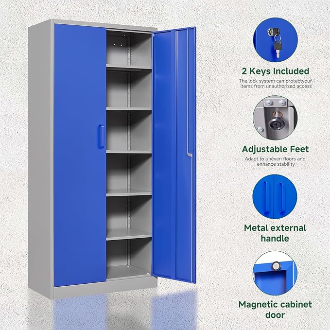 Letaya Metal Garage Storage Cabinets with Lock Door and Adjustable Shelves, Steel Tool Cabinets for Home,Office,Warehouse Organisieren (Blue Gray)