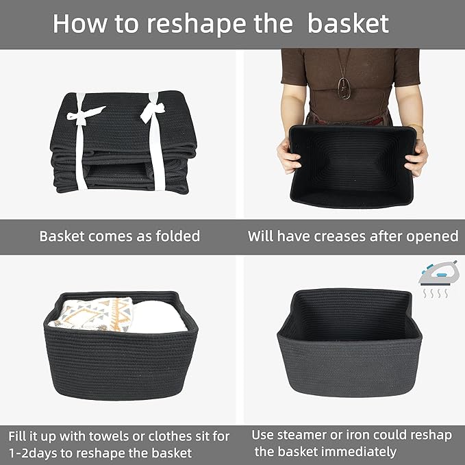 Cotton Rope storage Basket Bins 15X10X9.3“ Woven Basket for Organizing Shelves Rectangle Decorative Baskets For storage Clothes Toys Books Towels Square Wicker Nursery basket organizer 3 pack black