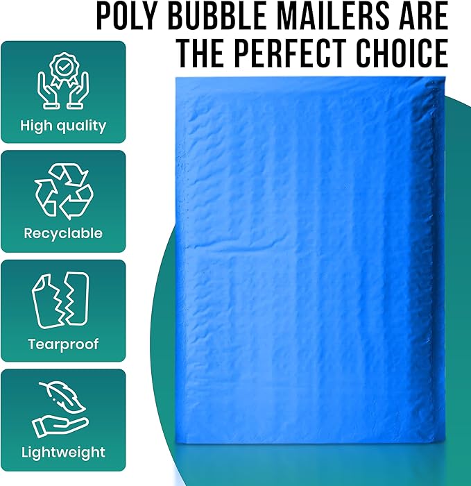 Levex - #000 4" x 8" [5 Pack] Blue Poly Bubble Mailers, Padded Envelope Mailers, Packing Envelope & Mailing Bags for Shipping