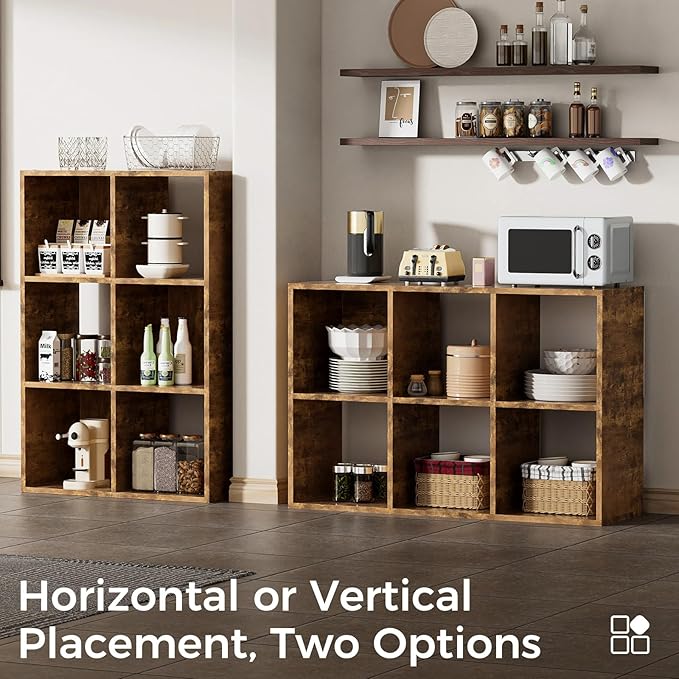 COMHOMA 6 Wood Cube Storage Organizer with Open Back and Removable Back Panels, 11In Brown Cube Storage Bookshelf, Cubicle Shelf Bookcase for Home Office Bedroom Living Room, Vertical or Horizontal