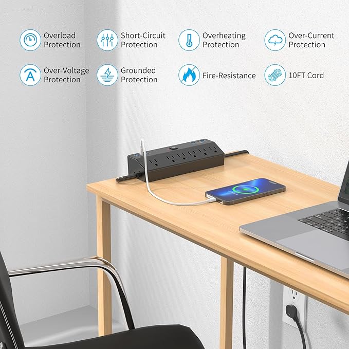 Desk Clamp Power Strip with 40W Fast Charging Station, JXGUCAT Removable Desk Clamp Mount Power Strip Surge Protector, 2 USB-C Ports, 6 AC Outlets and 10ft Cord, Fits 1.8" Tabletop Edge