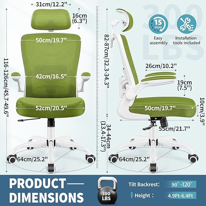 FelixKing Ergonomic Office Chair, Adjustable Lumbar Support, Swivel Chair with HighBack and Armrest, Adjustable Height Gaming Chair, Avocado Green