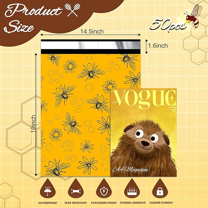 Bees Poly Mailer 14.5x19 Inch 50 Pcs, Waterproof Shipping Bags for Clothing, Tear-Resistant Mailier Bags, Strong Mailing Bags with Self-Seal
