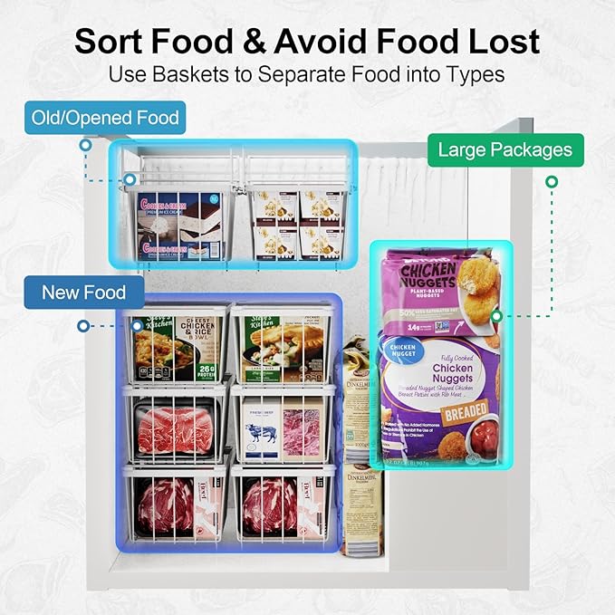 iSPECLE Deep Freezer Organizer Bins - 15.8~18.1 Inch Freezer Baskets for Chest Freezer, 7 Cu.Ft Chest Freezer Organizer Bins, 2 Small Expandable Hanging Baskets and 4 Stackable Bins, 6 Pack, White