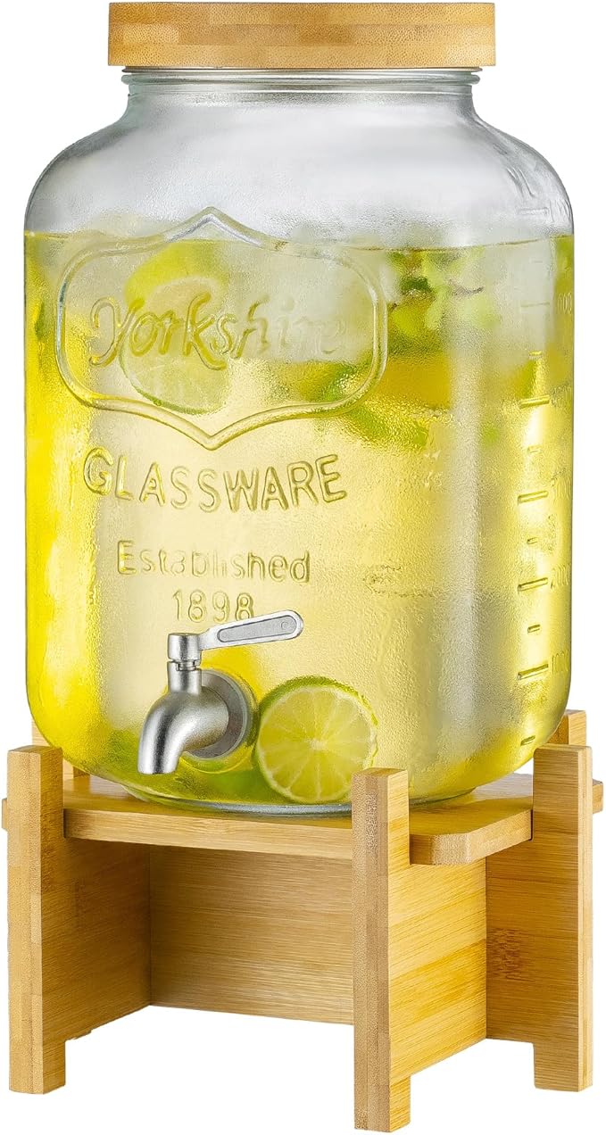 Drink Dispenser with Wood Stand and Lid,2 Gallon Glass Beverage Dispenser with Stainless Steel Spigot for Parties,Picnics,Barbecues,Lemonade,Sun tea Jar,ice coffee,Laundry Detergent Dispenser