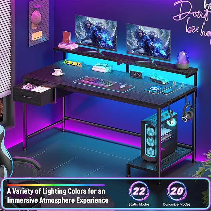 39.3" Gaming Desk with Power Outlet and LED Lights,Computer Desk with Adjutable Monitor Stand and Drawer,Office Desk with CPU Stand for Home Work,Study and Gaming, Small Spaces,Black