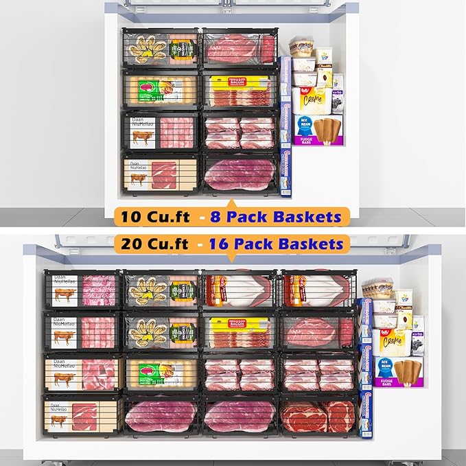 NADAMOO Freezer Organizer Bins, 4 Packs Large Expandable Stackable Chest Freezer Containers with Handle, Metal Adjustable Storage Baskets for Fridge, Deep Freezer, Cabinet, Kitchen, Pantry - Black