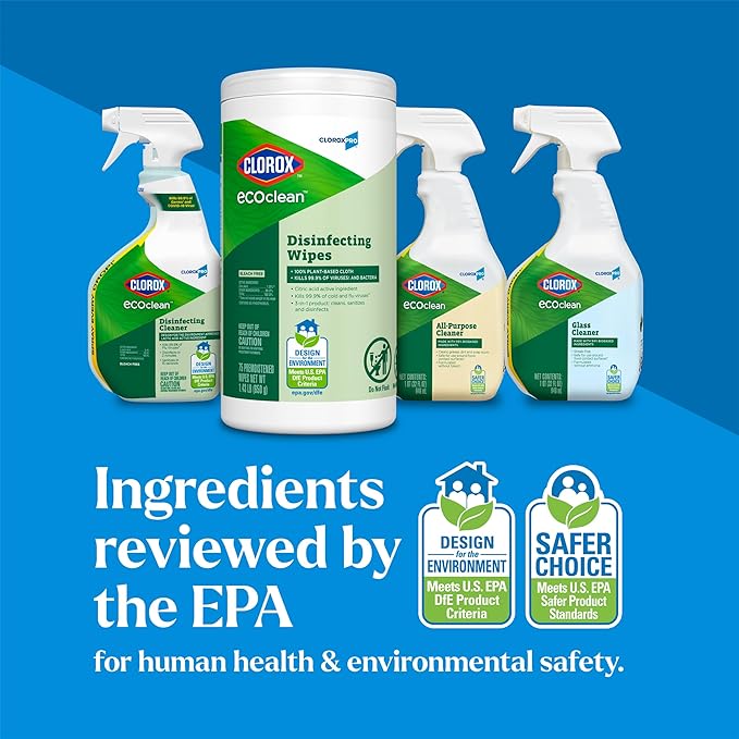 CloroxPro Clorox EcoClean Disinfecting Wipes, Multipurpose 100% Plant Based Cleaning Cloths, Antibacterial Disinfectant, Safe for Multi Surface Use, 75 Count (Pack of 6)