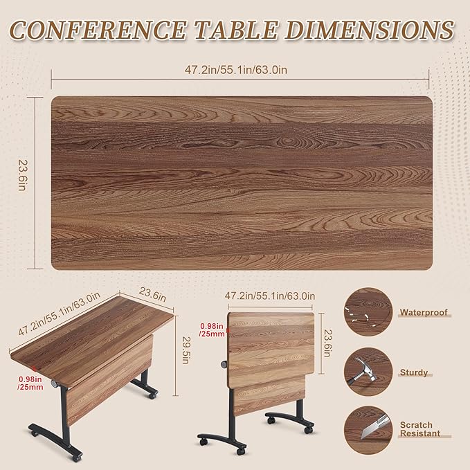 Folding Conference Room Table, Modern Conference Tables with Silent Wheels, Large Rectangular Mobile Training Tables for Office Classroom, Foldable Modular Boardroom Seminar Table (10pack L47.2in)