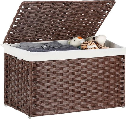 Large Storage Basket with Lids Handmade Woven Storage Basket for Organizing Blanket, 22"*13.4"*13.4"Foldable Storage Bin with Handles, Removable Liner, Basket for Bedroom, Laundry Room, Home(Brown)