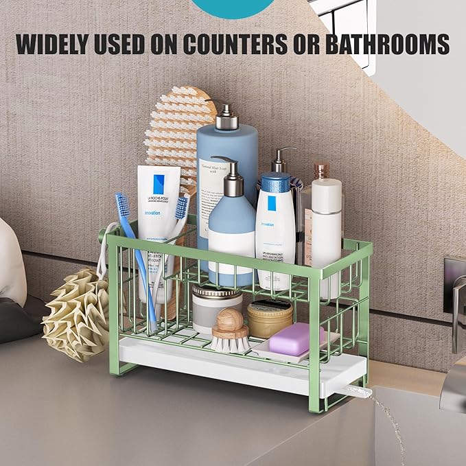 Sponge Holder for Kitchen Sink with Flexible Sponge Holder Smiley Face,2 Tier Kitchen Sink Organizer Countertop and Storage Essentials,Soap Dispenser Organize,Home Decor Accessories-Green