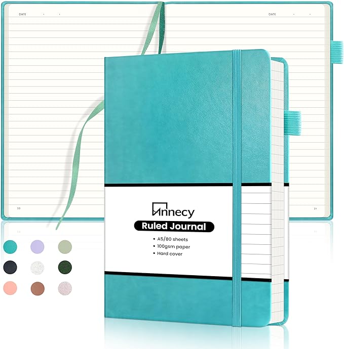 Annecy Lined Journal Notebook, Hardcover Numbered College Ruled Journal, Medium 5.5x 8.25, 160 Pages 100GSM Writing Paper, Turquoise