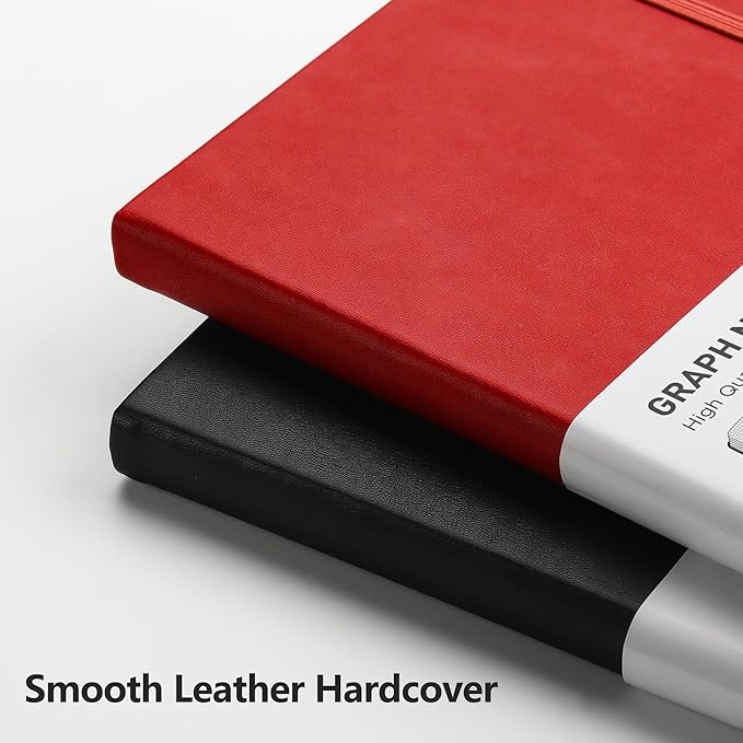 RETTACY Graph Grid Paper Notebook, 2-Pack, 192 Pages per Pack, A5 Medium Size (5.7'' x 8.3''), Leather Hardcover, 100 GSM Thick Paper, for School, Students, Math, Engineering (Black & Red)