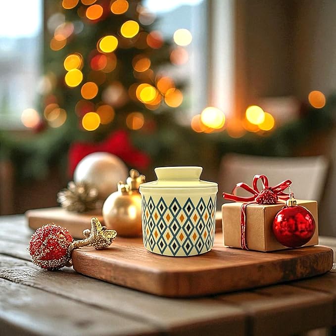 Butter Crock with Lid for Countertop, Butter Keeper Crock with Water, French Butter Dish Ceramic, Butter Holder with Lid for Spreadable Butter, Butter Container for Counter (Retro Diamond, Ivory)