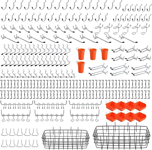 Pegboard Organizer Accessories Kit 264 PCS, Peg Board Hooks Assortment with Bins, Cups, Baskets for 1/4in Pegboard Wall Organizer, Garage Organization, Workbench, Craft Room, Hanging Tools