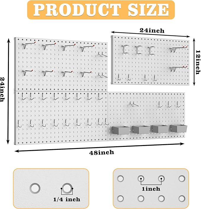 Pegboard Smith 48PCS Metal Pegboard Kit – 12"x24" Tool Storage Wall Organizer Pegboard with Hooks and Bins for Garage, Workshop, Kitchen, Office, and Craft Room (Gray)