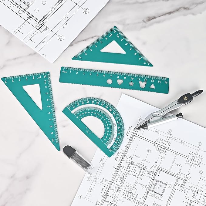 6 Pcs Metal Geometry Set, Math Geometry Kit, Metal Ruler Set and Compass Geometry Tool, Rulers Protractor and Compass Set for Student School and Drawings Supplies (Green)