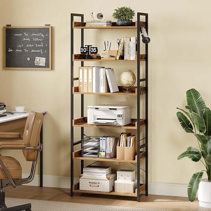 Rolanstar Bookshelf 6 Tier with 4 Hooks, Industrial Wood Bookcase, Vintage Storage Rack with Open Shelves, Rustic Standing Bookshelves Metal Frame Display Rack for Living Room, Bedroom, Rustic Brown