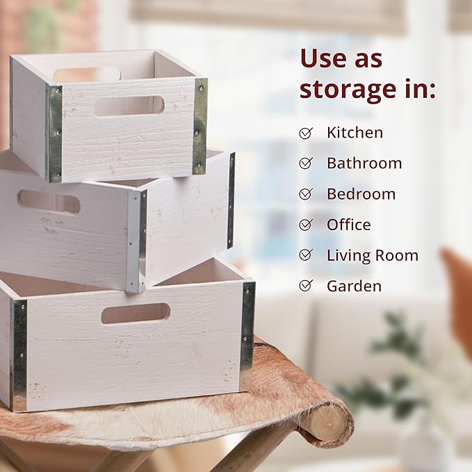 wald imports - Set of 3 Rustic Whitewash Wooden Crates for Storage - Decorative Wooden Crate Set for Home Decoration & Display - Vintage Storage for Household Goods