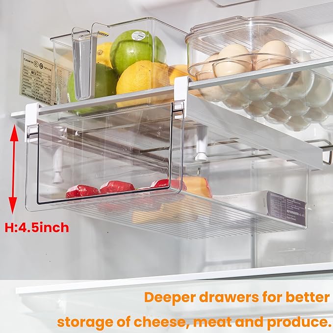 vacane Deeper Refrigerator Drawers, Adjustable Refrigerator Shelf 14-19.5 Inches Large Fridge Drawer Organizer Pull Out, Deli Meat Container for Produce, Cheese, Bacon-XL