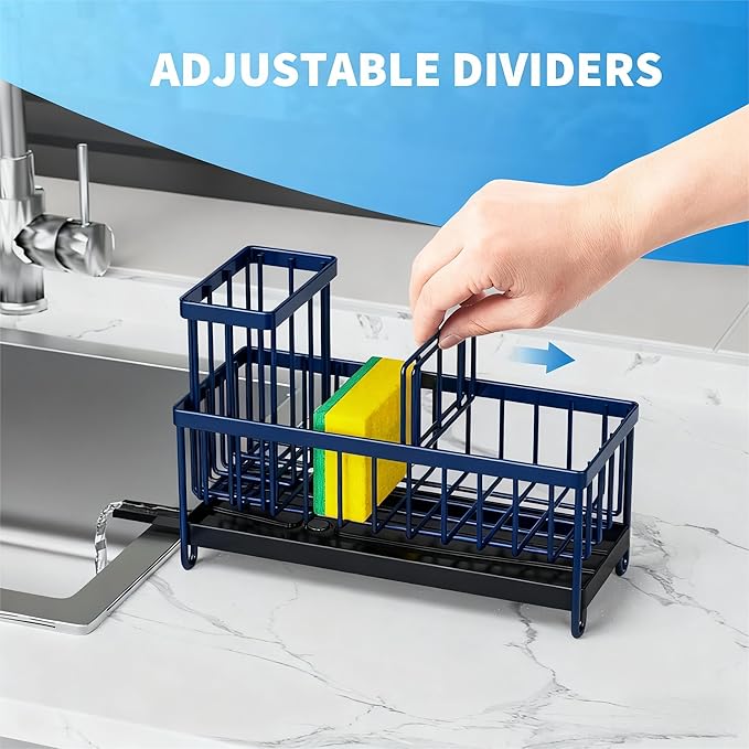 Cisily Navy Blue Sponge Holder Sponge Holder for Kitchen Sink, Sink Caddy Organizer with High Brush Holder, Kitchen Countertop Organizers and Storage Essentials