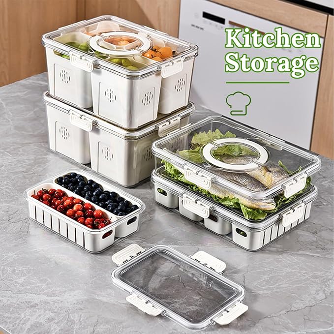 shopwithgreen Fruit Storage Containers for Fridge with Lid and Handle, Portable Fresh Produce Saver, Food Box Container with 4 Removable Colanders for Berry, Vegetable, Refrigerator Organizer Bins