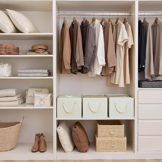 StorageWorks Storage Baskets for Shelves, Foldable Fabric Closet Storage Bins with Handles, Fabric Storage Bins Clothes Organizer, Beige, White & Ivory, 3-Pack, Extra Large