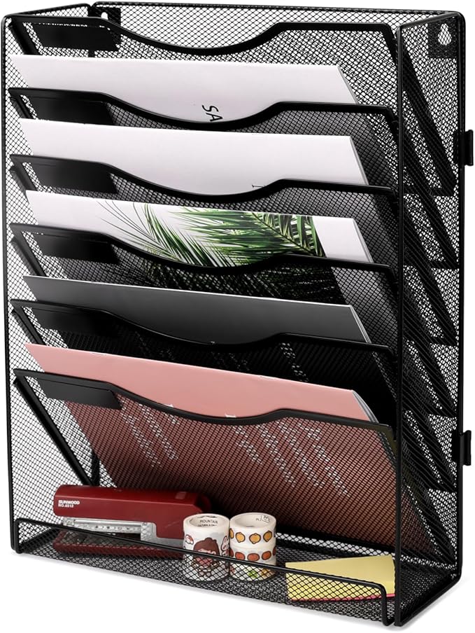 EasyPAG 7 Tier Wall File Holder with Flat Tray, Black | Easy Assemble Mesh Desk File Organizer | 6-Folder Paper Storage | Replaceable Classify Labels | Space Saving Mail Organizer for Office Home