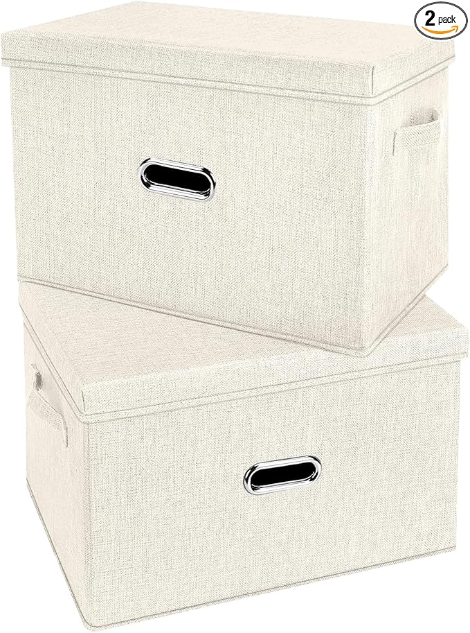 Large Linen Fabric Foldable Storage Bins with Removable Lid and Handles, Washable Storage Box Organizer Containers Baskets Cube with Cover for Bedroom,Office(Cream, Extra Large(2-Pack))