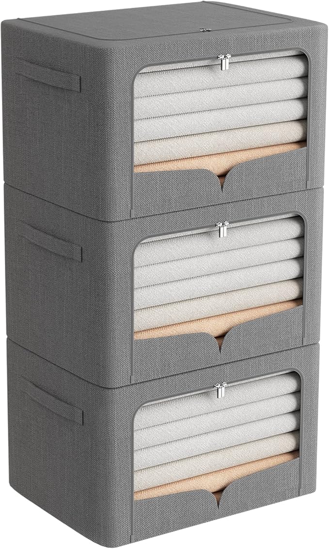 FHSQX 3 Pack Extra Large Clothes Storage Bins Foldable Metal Frame Storage Box Stackable Linen Fabric Organizer Set with Carrying Handles and Clear Window (Dark Gray, 23.6x16.5x15.7inch(100L))