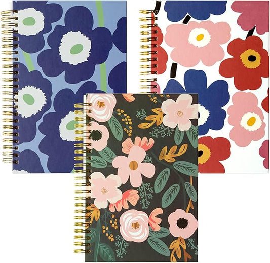Dot Grid Spiral Notebook Bulk, Flower A5 Dotted Bullet Grid Journals, 100GSM Thick Paper Travel Journal Set, Hard Cover, Wirebound Diary Planner, 75 Sheets per Book, 5.7x8.3 inch, 3 Pack