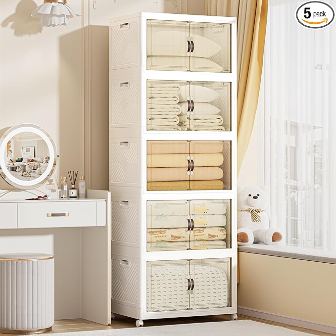 520 QT / 130 Gal Large Foldable Stackable Plastic Storage Cabinet with Double Magnetic Doors, Leather Handles & 4 Wheels - Organize Home, Office, Closet