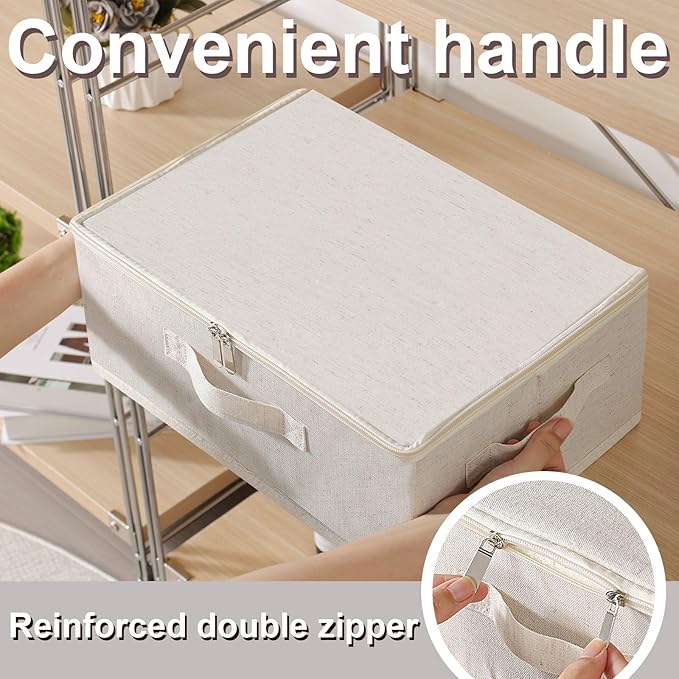 Underbed Storage Box with Lid, Foldable Clothes Organizers, Home Organising Baskets for Clothes, Shoes, Blankets, Pillows, 14.9x10.2x5.9Inches, Beige, 2 Pack