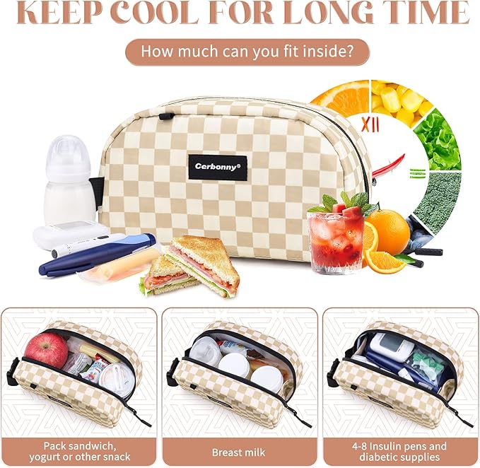 Cerbonny Small Cooler Bag Freezable Lunch Bag for Work School Travel, Leak-proof, Insulated, Khaki Checkerboard, 3.5L, 9.8x5.5x4 inch