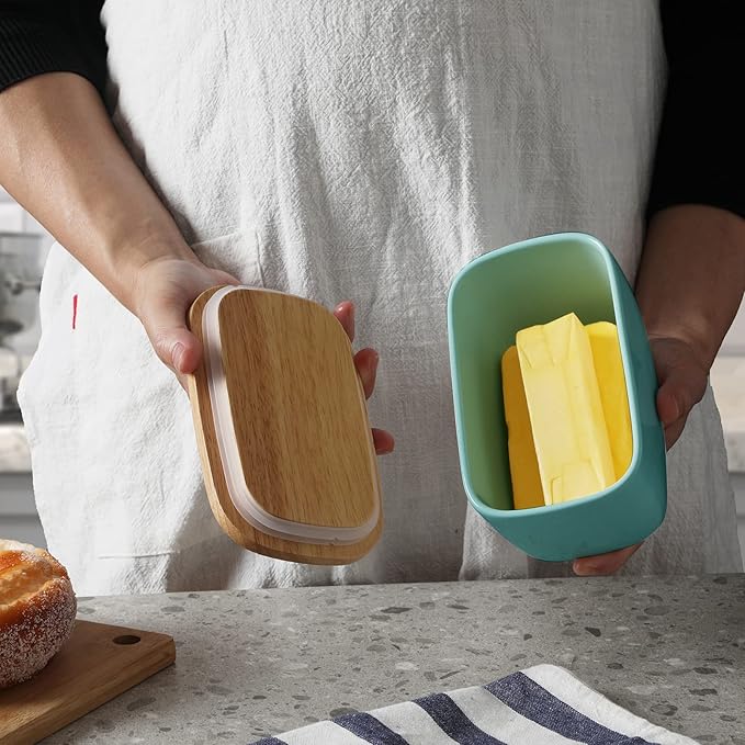 GDCZ Ceramics Butter Dish with Wooden Lid- Large Covered Butter Holder for Countertop, Butter Keeper Container Perfect for Holds 4X 4oz West/East Coast Butter,Turquoise