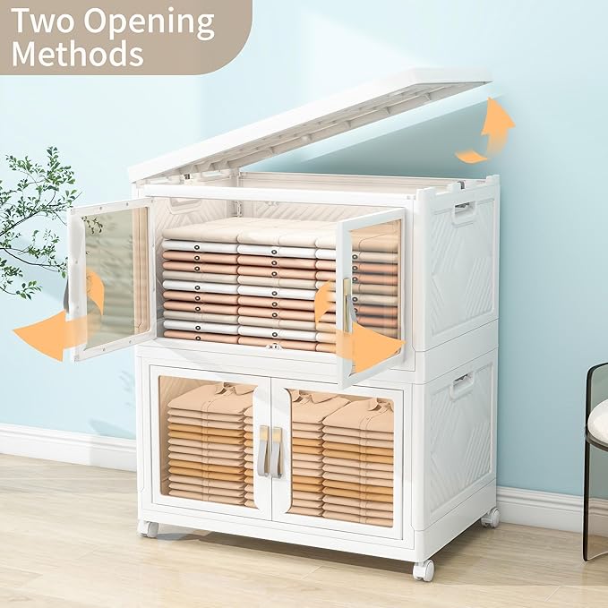 Large Clear Stackable Storage Bins with Lids, Foldable Storage Cabinet for Closet Organizers and Storage, Plastic Storage Box with Wheels 942 QT